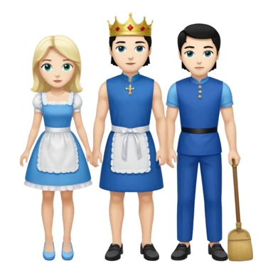 King, black hair, body, legst, blue eyes, blue garmont,  shoes, maid blonde hair, green eyes, sexy short sleveless White dress, shoes sticker