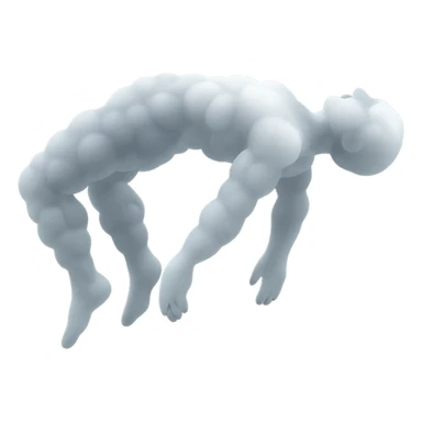 side view of unconscious person flying with torso upwards and legs and arms downwards, made of small very bright white fluffy convex clouds, matte glass style sticker