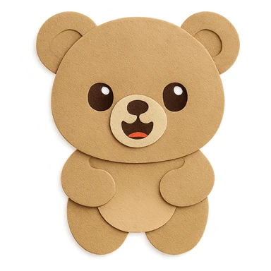 Apply the exact same paper craft visual effect as the reference image to the cute little bear. Keep all bear features, pose, and colors unchanged: soft pastel brown, happy open-mouth smile, round face, big sparkling eyes, round ears, chubby body, extremely soft and cute expression, clean lines, transparent background. Only change the paper craft visual effect to match the reference image exactly. sticker