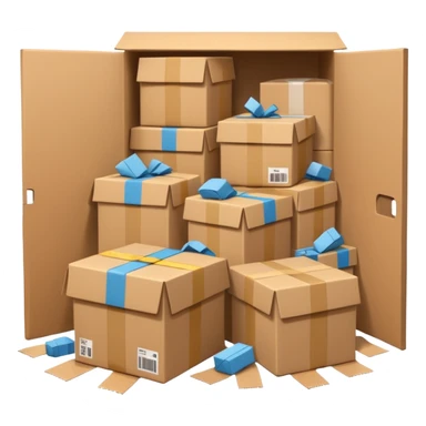 Generate a realistic emoji-style of a overfilled storage room where the packages are falling over sticker