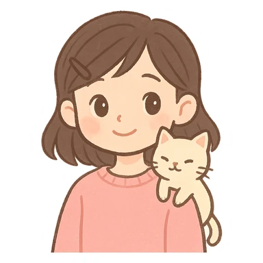 pastel toon style character with dark brown hair clipped back with a hairpin, sweet eyes, pink sweater, cat on shoulder sticker