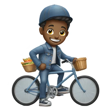 smiling boy in denim jacket rubbing a bicycle  sticker