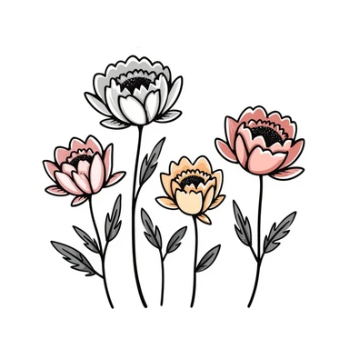 peony flowers with lush petals and leaves in pastel colors dd9fb0 ffc6d3 a3bfc9 c4bee2 f1b091, hand-drawn doodle style sticker