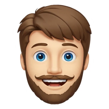 25 year old man, short scruffy beard and sparse moustache, brown puffy mullet, blue eyes, big smile, white teeth, big lips, pronounced jaw, hair longer in back, sticking up on top sticker