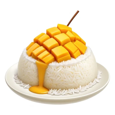 cinematic-realistic-mango-sticky-rice-dessert-emoji,-showcasing-sweet-sticky-rice out of a mould-paired-with-ripe-mango-slices-and-coconut-milk-rendered-with-lifelike-detail-and-warm,-inviting-lighting with the coconut  milk over the rice sticker
