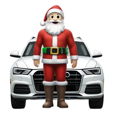 Santa Claus standing next to a white Audi Q3 with shiny rims and modern headlights in a festive, snowy setting. sticker