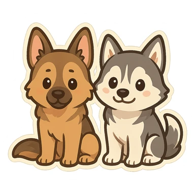 chibi sticker of two dogs, one German Shepherd and one Husky, sitting together, inspired by the reference photo sticker