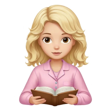 Blonde model with brown eyes, wavy hair, pastel pink pajamas, writing in journal  sticker