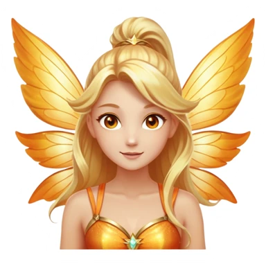 Glowing fairy with long golden-blonde hair in a high ponytail, sparkling amber eyes, and a radiant orange-gold outfit. Large translucent wings with golden shimmer, surrounded by a sunlit aura, with a joyful and confident expression. sticker