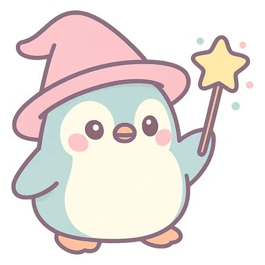 chubby penguin wizard with a big hat, casting a spell, whimsical style sticker