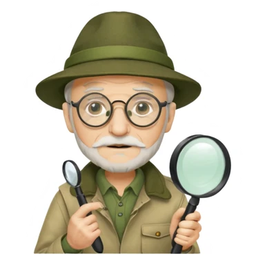 old man in beige moss green explorer outfit, wear black glass, hat, holding magnifying glass sticker