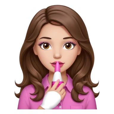 girl with long wavy brown hair, brown eyes, light to medium complexion, in a pink shirt, pink lips, long lashes, puckered lips, showing off a pink manicure sticker