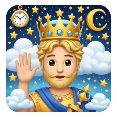 cartoonish emoji of the letter C with a face, wearing a Greek god crown, holding a clock, surrounded by stars and clouds, representing Chronos and the gods of Olympus sticker