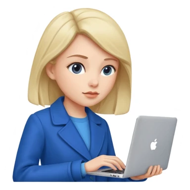 woman in blue coat, laptop sticker