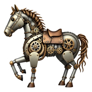 Horse made of visible mechanical parts with gears, cogs, wires, and rope components, steampunk style sticker