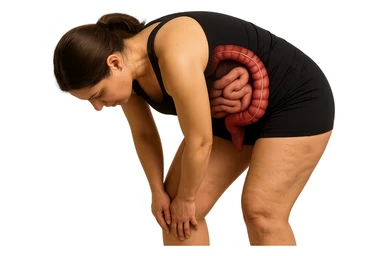 donna in gym shorts con intestino anatomico in evidenza di spalle piegata a toccarsi le cosce grasse, sulle cosce ha cellulite visibile, iperrealistico 4k sticker