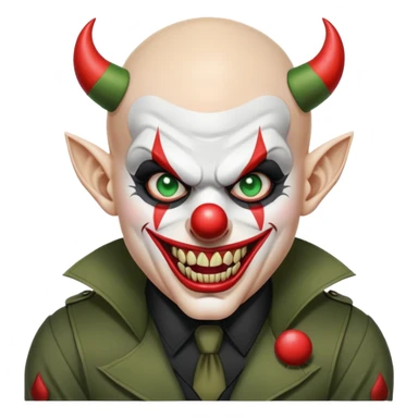 evil clown, bald, short devil horns on forehead, fangs, pointed ears, black and military green leisure suit, battle-ready fighting posture sticker