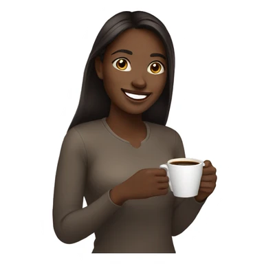 A smiling young woman with dark skin, long dark brown hair with a cup of coffee in her hand. sticker
