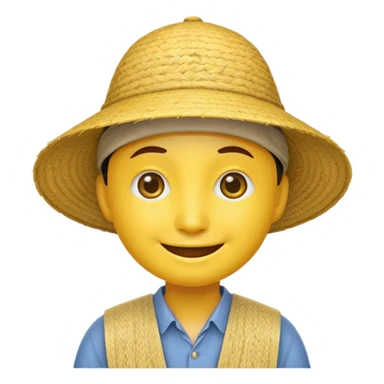 Yellow emoji smiley face with stereotypical Chinese facial features and rice farmer hat. Eyes very narrow sticker