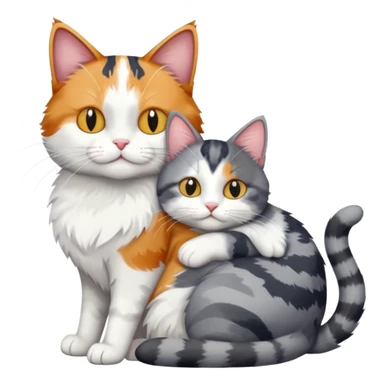 full body colourful light patched calico + white tabby cat cuddling a grey and white cat  sticker