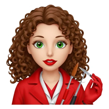 Lilith symbol sexy evil woman. She has green eyes.  had brown long curly hair.  evil surgeon kills with scalpel wears red sexy doctor coat with red mouth cover red gloves. Covers nose, neck  and mouth with Muslim red berka sticker