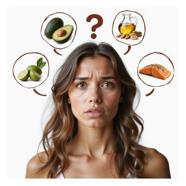 realistic woman with confused expression, slightly changed icon positions, surrounded by realistic icons of healthy fats (avocado, olive oil, nuts, salmon), question mark above head, hyperrealistic details, natural light, PNG without background, variant 6 sticker