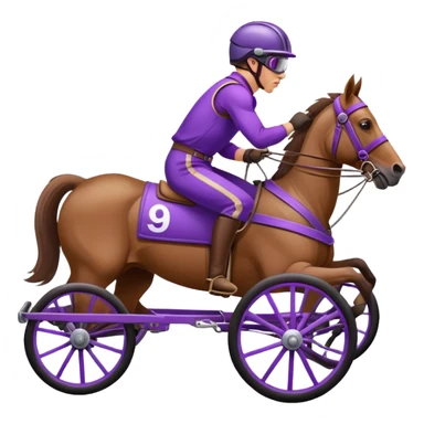 Harness racing horse that pulls a two-wheeled cart occupied by a driver in purple sticker