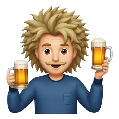 silly man with wild hair holding a beer sticker