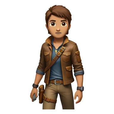 an adventure game, inspired by Uncharted-2. The design features a rugged explorer navigating through ancient ruins, with treasure and obstacles in the background. A dynamic environment with jungle, cliffs, and puzzles highlights the thrill of discovery and action. Transparent background. sticker