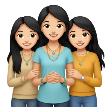 Just 3 best friends smiling big taking a selife, all have medium skin tone with black long hair. Wearing simple jewelry and casual modest clothes color coordinated outfit,  sticker