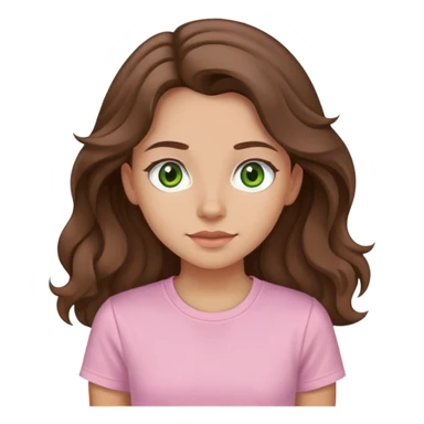 A girl with long and wavy brown hair slightly made up green/brown eyes with a light pink T-shirt sticker