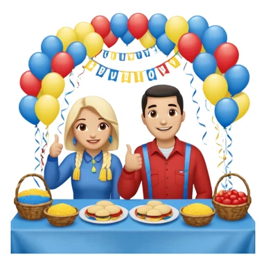 party table decorated with red blue and yellow colors, including a backdrops, balloons arch, streamers and more. On the table are intricate displays of colombian arepas, and baskets of money. In the forefront is a woman and man in simple clothing, big smiles and big thumbs up sticker