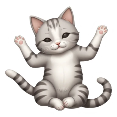grey and white small cat with eyes closed lying down upside down with paws stretched out straight vertically  sticker