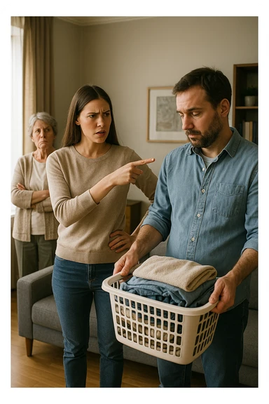 a woman stands assertively in the center of a living room, giving clear instructions to her partner. The man, with a submissive and resigned expression, follows her directions, perhaps holding household items or performing a chore. Behind them, an older woman (the mother-in-law) stands with crossed arms and a disapproving look, watching the scene unfold. The lighting is natural, and the atmosphere is tense but realistic. sticker