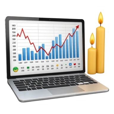 Minimal 3D emoji style laptop with stock market chart on screen, candlestick chart and small line graph, financial trading interface, neutral colors, professional look, clean shading, no bright colors, no brand logos, isolated on transparent background, modern emoji design sticker