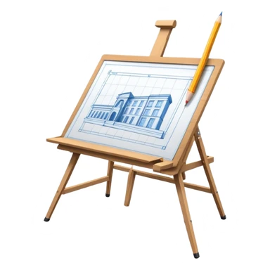Sleek icon for Architecture: engineer's drawing board with blueprints 3D model of the building,  pencil, architect's easel, rulers and protractor. Transparent background. sticker