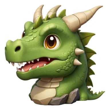 Cinematic Cute Giant Rock Dragon Portrait Emoji, Head tilted playfully and inquisitively, showcasing a robust, stone-carved body with intricately detailed, craggy textures in natural earthen tones accented by soft hints of moss, and a surprisingly gentle, endearing expression; rendered with lifelike clarity and warm, natural light, high shine, mighty yet endearing, styled with a touch of ancient, stony whimsy, soft glowing outline, capturing the essence of a mischievous stone guardian poised to rumble playfully into your embrace! sticker