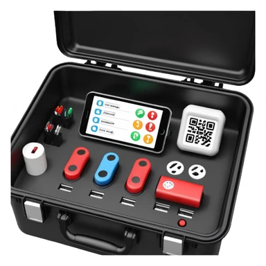 An open, black outdoor test case.Interior: control panel with colored test jacks, USB ports, and a power outlet. A red test probe is located next to it. On the left side of the case is a large roll of white, round test labels displaying QR codes.  sticker
