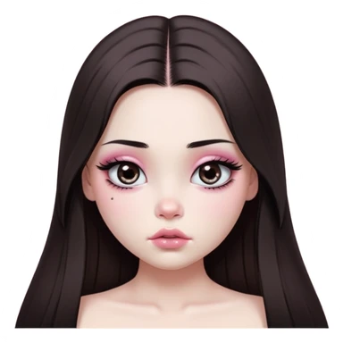 girl with white skin, dark brown long realistic straight hair with middle part prominently falling in front of her body over her shoulders, very big pouty extra shiny lips with absolutely no cupid's bow, big round eyes with very black shiny eyeballs and huge eyelashes, no eyeshadow, pink blush on cheeks, lighter button nose, extremely long oval-shaped face, wearing a pink off-shoulder top, looking directly at camera with hands down at sides sticker