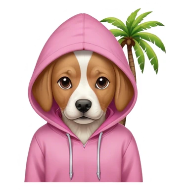 Dog wearing pink hoodie with darker pink palm tree on the right side of the hoodie sticker