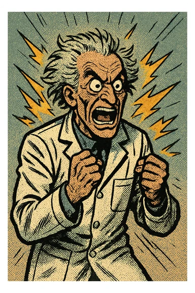 mad genius with wild hair, lab coat, sparks flying, exaggerated features, comic book style sticker