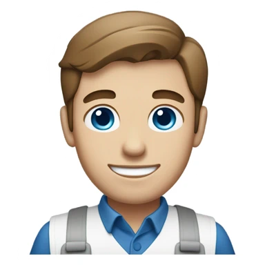 Male with brown hair and blue eyes worker with white shirt and blue apron with khakis and hat holding a sandwhich sticker