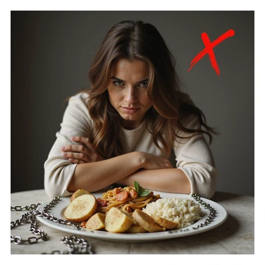 realistic style woman with crossed arms and defensive expression, face turned away from a plate containing bread, pasta, rice, and potatoes, symbols of refusal including a red Italian X and chains around the plate, Italian text if present, atmosphere of rejection sticker