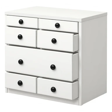 IKEA-inspired white 6-drawer chest with tiny black knobs, stacked sticker