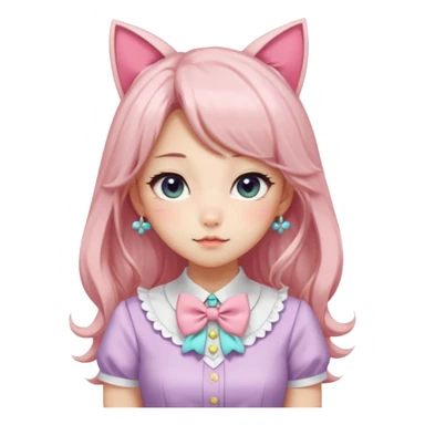 Gorgeous shiny smooth soft pretty aesthetic elegant beautiful gorgeous cute kawaii pastel anime style lady with blushing cheeks, cat ears, long beautiful Lucious stylish hair, big pretty eyes, cute colorful pastel dress and skirt and bow ties, and necklace sticker
