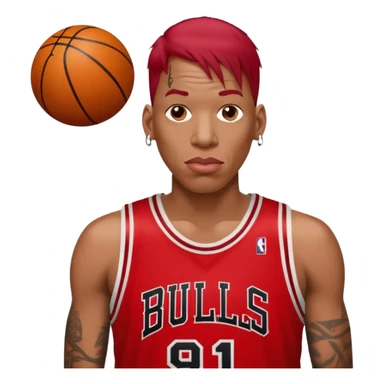 Dennis Rodman with a basketball and “91 “Chicago bull.with a very short red hair sticker