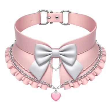 Pastel-baby-rose-pink Lolita-styled aesthetic cute kawaii choker-collar-necklace adorned with with white frills, roses, hearts, bow tie, silver chains,  sticker