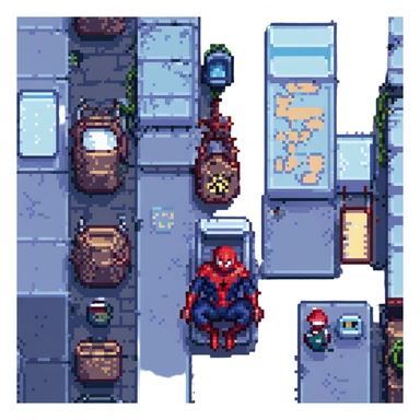 pixel art Spider-Man with city skyline background sticker