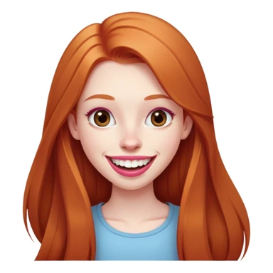Young girl with pale skin, very long face, full pink lips smiling with big teeth, very long straight auburn hair (lighter ginger, not intense red), big brown eyes, big nose, big mouth sticker