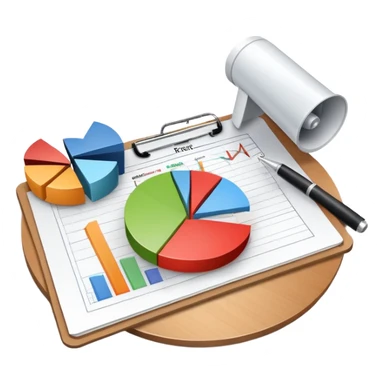 An icon featuring a pie chart, a megaphone, and a clipboard with strategy plans, symbolizing management and marketing. The design includes upward-trending graphs set against a modern office backdrop. Transparent background emphasizes business strategy and communication. sticker